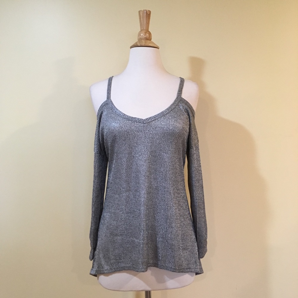 Cold Shoulder High Low Long Sleeve Metallic Silver Knit Top - Picture 4 of 6